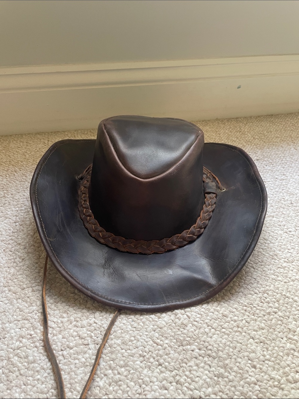 Men's Dark Brown Leather Outback Hat with Braided Band